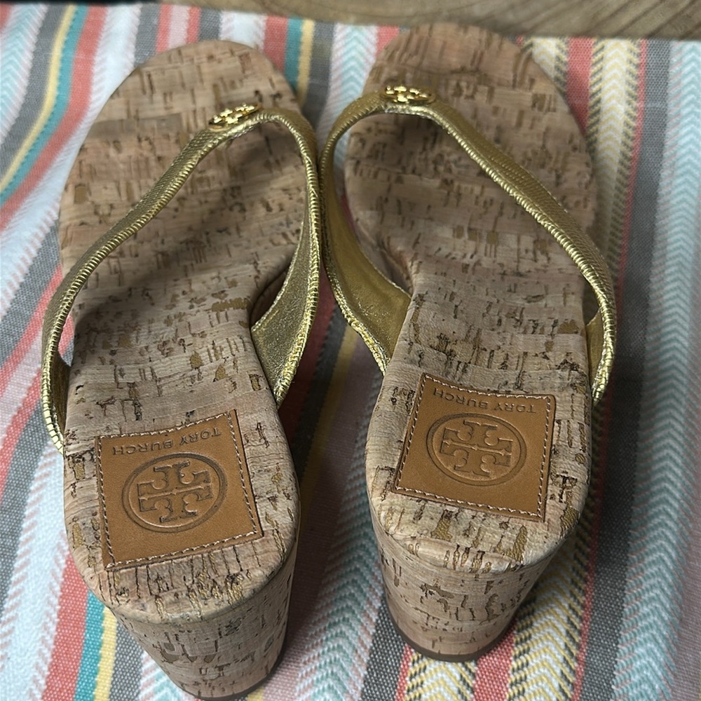 Tory Burch Suzy Gold Cork Wedge Sandals Size 9 - Picture 7 of 8